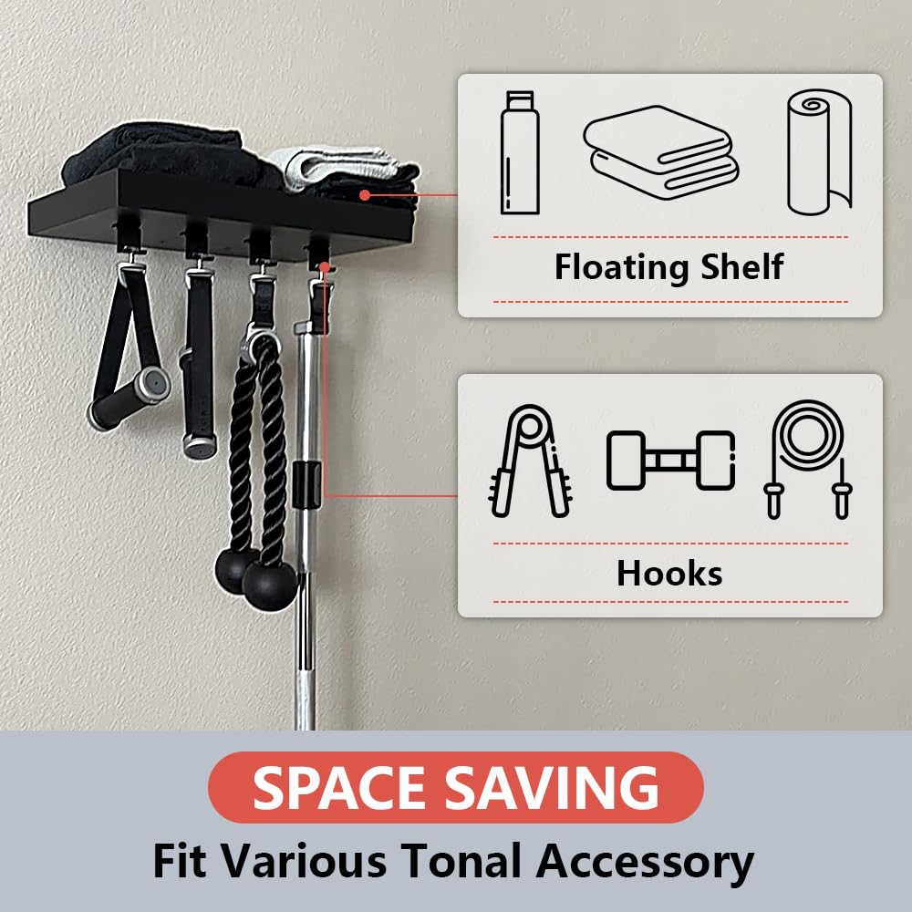 Butizone Tonal Accessory Shelf, Black Wood Tonal Accessory Floating Shelf, Home Gym Accessories Storage Rack with 5-pcs T-Lock Clips Hooks