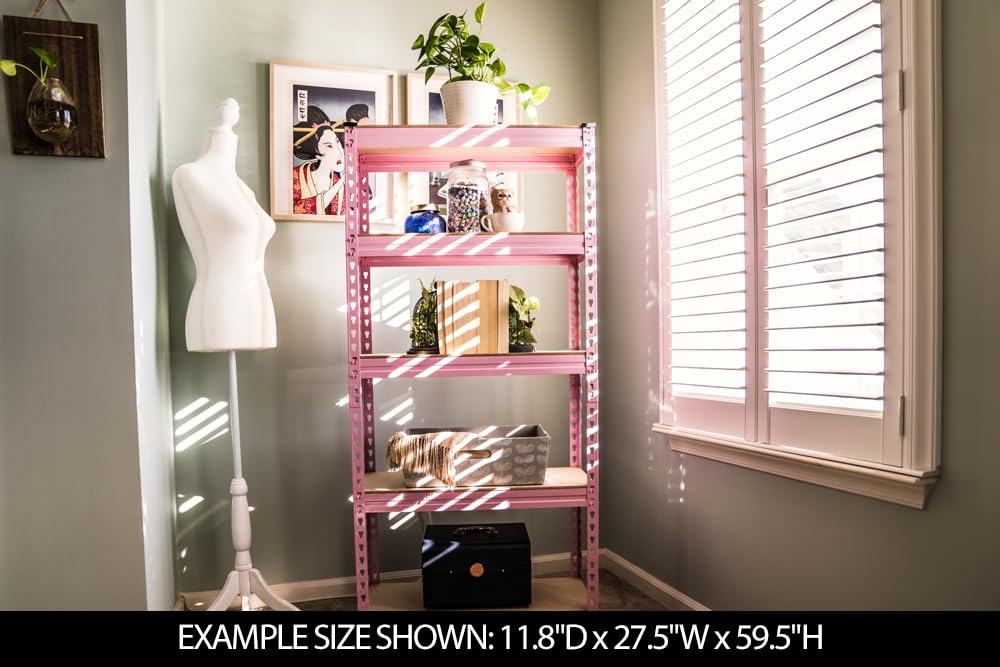 5 Tier Adjustable Steel Powder Coated Rack Storage Shelving with Engineered Wood Shelves. for Indoor Storage in garages, basements, Kitchens, etc. Large Size. 16" D x 35.5" W x 71.2" H (Pink)