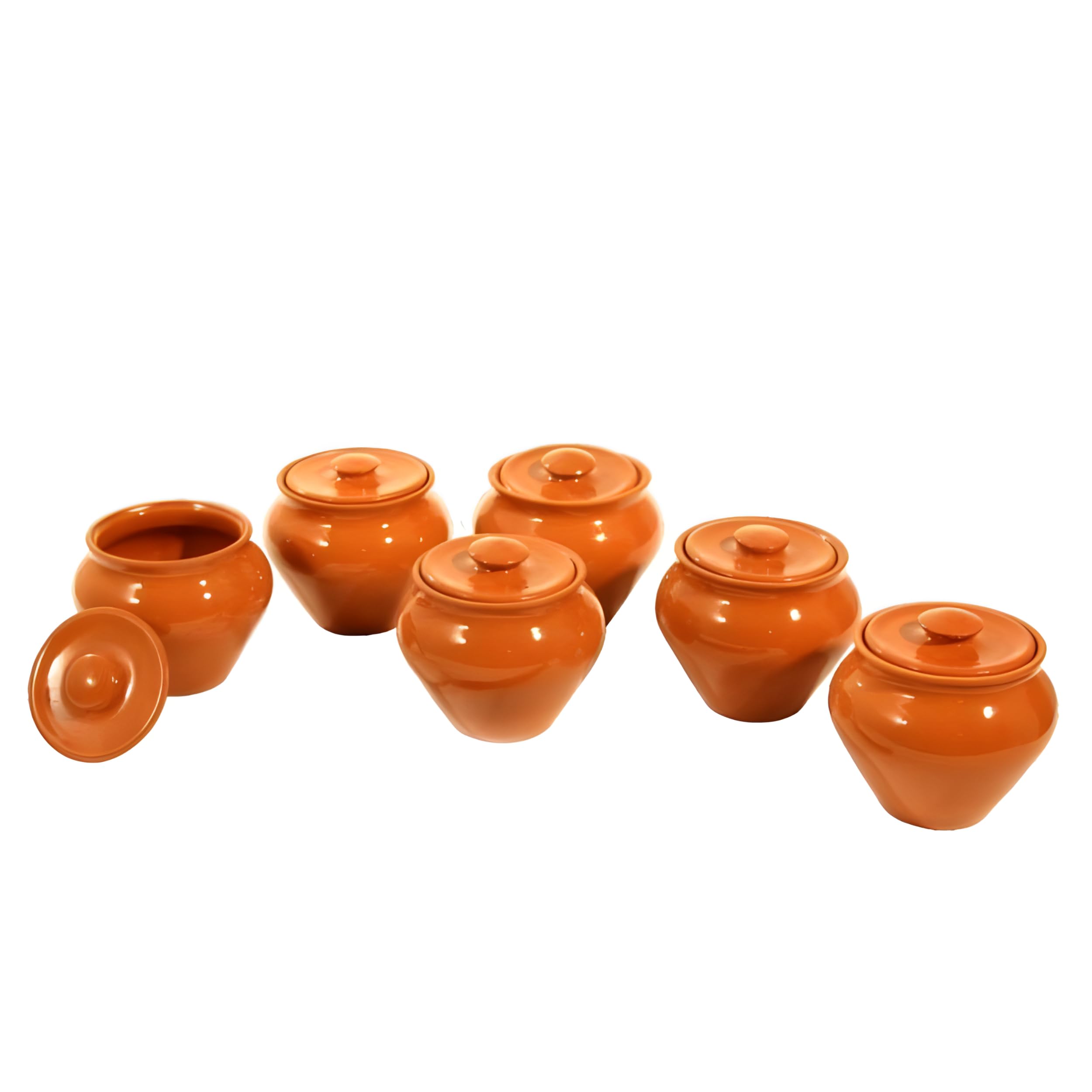 Set of 6 Natural Clay Stoneware Baking Pots with Oven Fork (0.5-Qt each) Stoneware Ramekins with Lids & 1 Oven Fork - 16.9 fl oz (500 ml) - Clay Pots for Cooking, Dutch Oven Pot With Lid