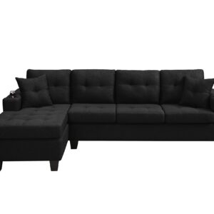 GINGVAT L Shaped Upholstered Sectional Sofa, Modern Fabric Couch with Reversible Chaise and 2 Cupholders, Living Room Furniture Fashion Design, Black