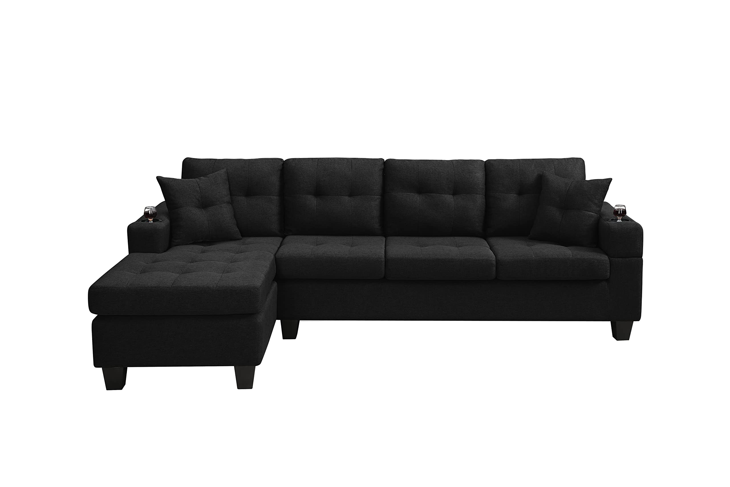 GINGVAT L Shaped Upholstered Sectional Sofa, Modern Fabric Couch with Reversible Chaise and 2 Cupholders, Living Room Furniture Fashion Design, Black