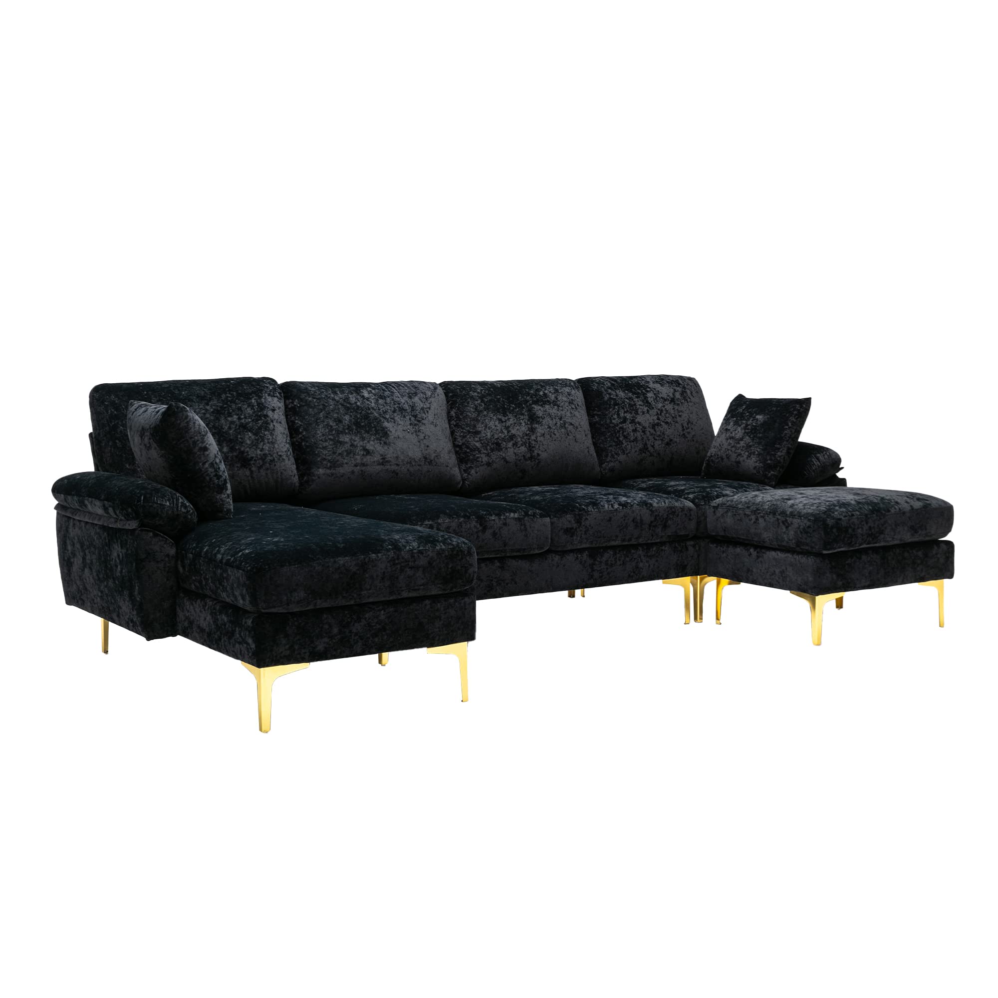 OUYESSIR U-Shaped Sectional Sofa Couch, 4 Seat Sofa Set for Living Room, Convertible L-Shaped Velvet Couch Set with Chaise Lounge, Ottoman and Pillows,114 inches (Black)