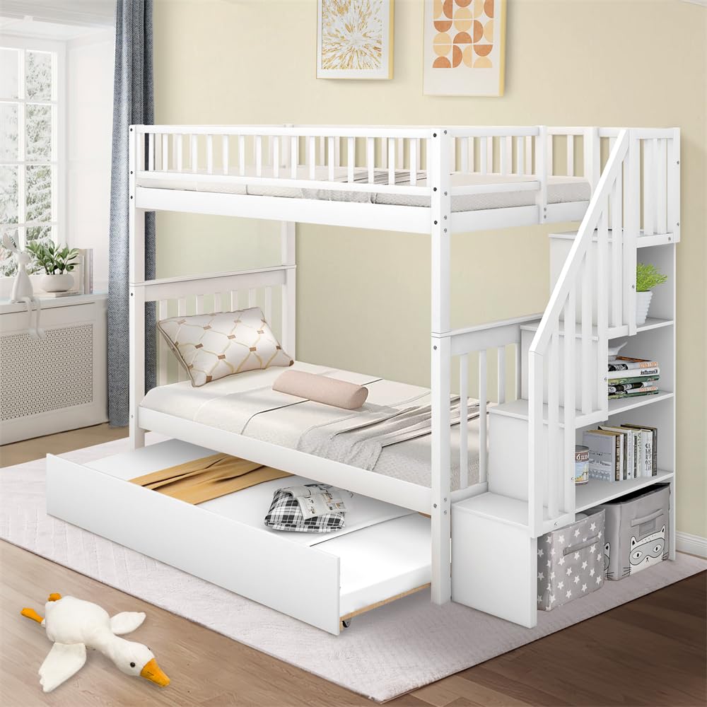 TURRIDU Twin Over Twin Bunk Bed with Twin Trundle & Staircases, Wood Bunk Bed Frame with Safety Rails for 3 Teens Adults, Convertible into 2 Platform Beds, White