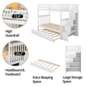 TURRIDU Twin Over Twin Bunk Bed with Twin Trundle & Staircases, Wood Bunk Bed Frame with Safety Rails for 3 Teens Adults, Convertible into 2 Platform Beds, White