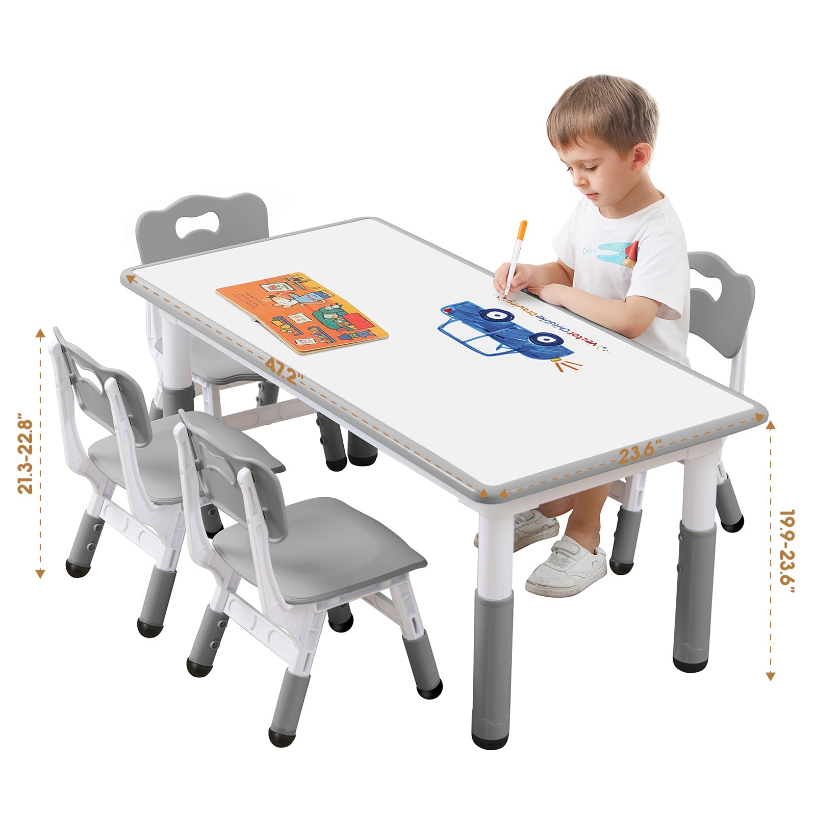 JIAOQIU Kids Table and Chair, Toddler Table and Chair Set, Adjustable Kids Table, Non-Slip Table Legs&Organizer, Graffiti Desktop, Suitable for Kids Table and Chairs Ages 3-12