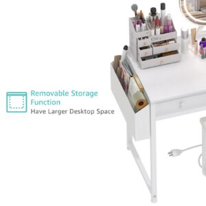 Lufeiya White Makeup Vanity Desk with Mirror and Lights, 40 inch Make Up Vanity Desks with Fabric Drawers & Power Outlet, Dressing Table and Chair Set for Girls Bedroom, White