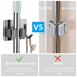 Mop Broom Holder No Drill StainlessSteel, Mop Broom Organizer Wall Mounted Heavy Duty with Hooks Hanger,Anti-Slip Adhesive Hook Broom Holder Wall Mount，Self Adhesive 4Pcs for Bathroom, Kitchen, Office