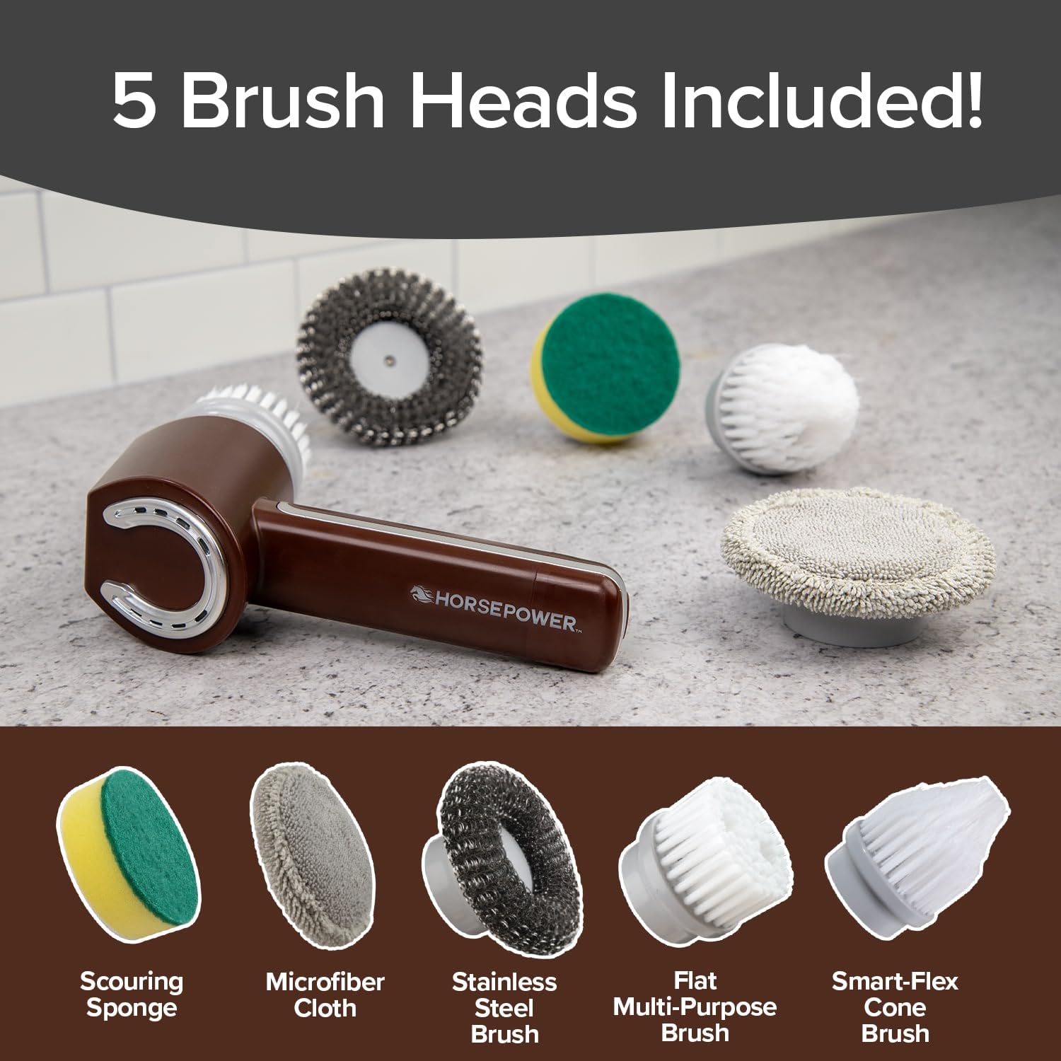 Horsepower Scrubber AS-SEEN-ON-TV Waterproof Rechargeable Handheld 350 RPM Includes 5 Brush Heads, Blast Away Dirt & Grime, Tile Grout, Bathrooms, Kitchen, Auto Rims, Outdoor Furniture, 2 Pack