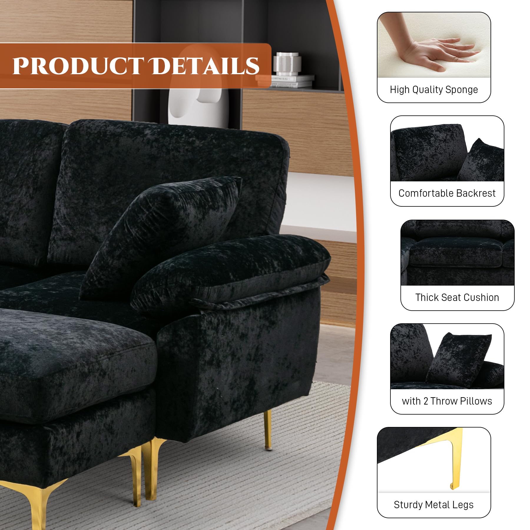 OUYESSIR U-Shaped Sectional Sofa Couch, 4 Seat Sofa Set for Living Room, Convertible L-Shaped Velvet Couch Set with Chaise Lounge, Ottoman and Pillows,114 inches (Black)