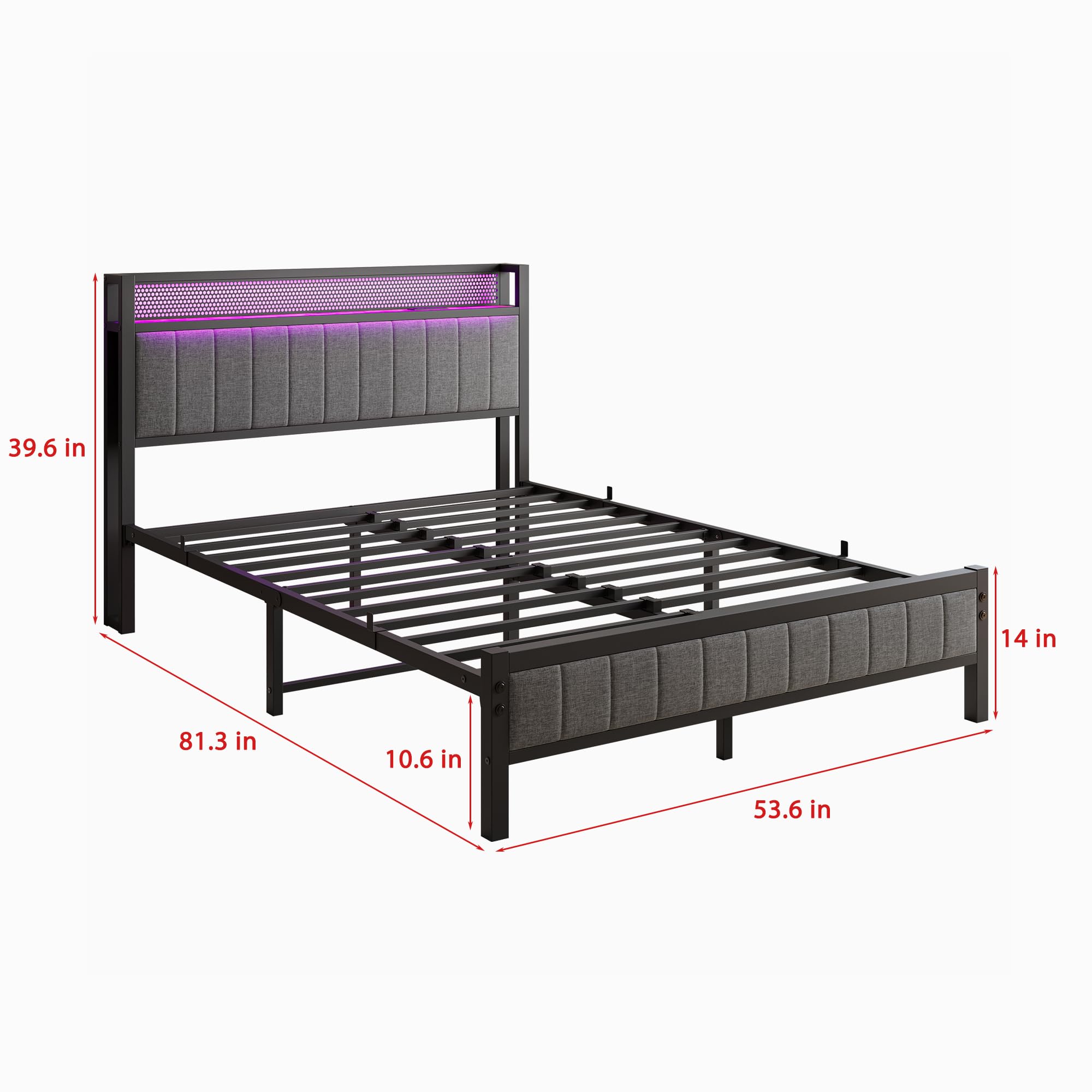 BOFENG Full Size Bed Frame with Storage Headboard/LED Lights,Heavy Duty Metal Upholstered Platform Bed Frame Full Size with Charging Station,Heavy Duty Metal Slats,No Box Spring Needed,Noise Free,Grey