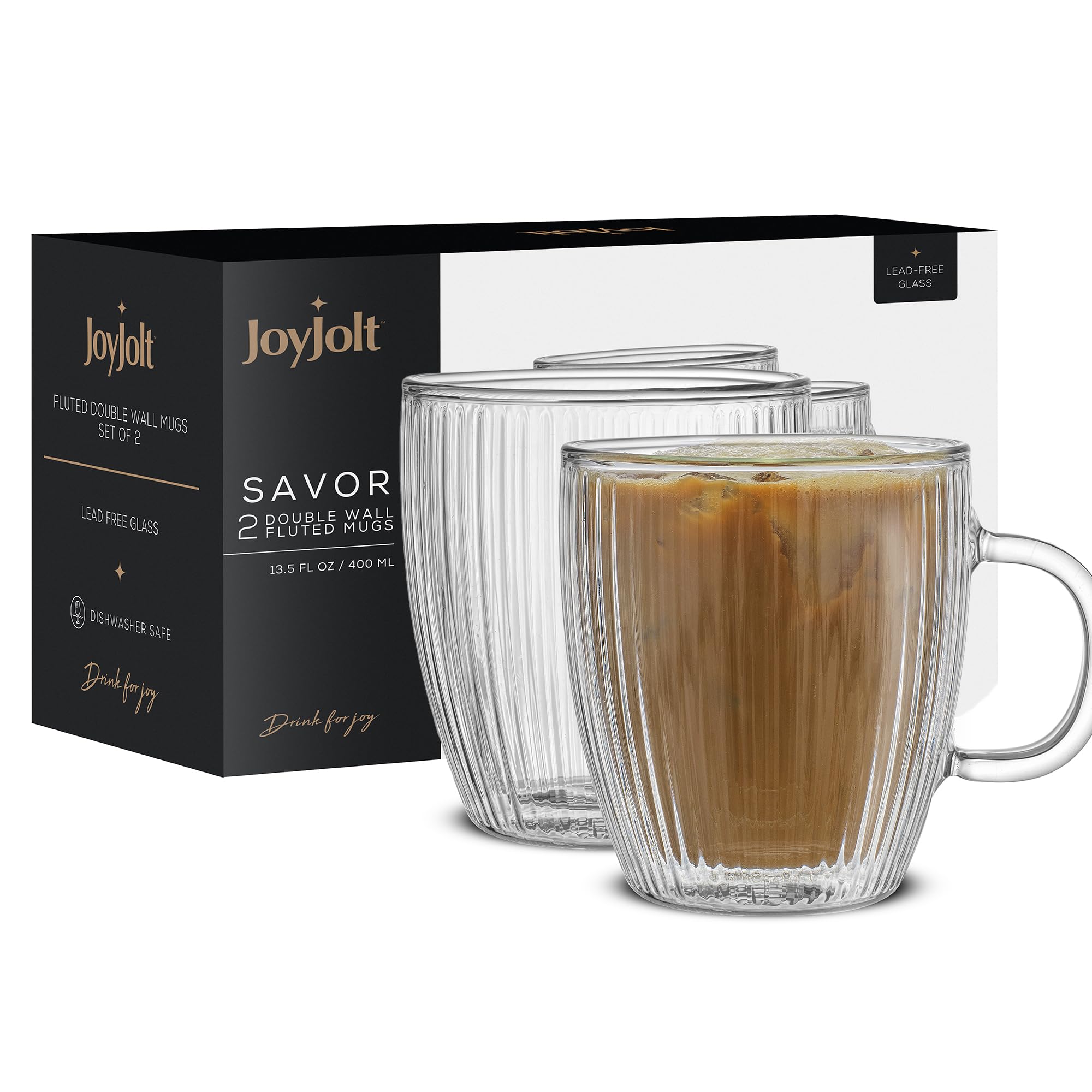 JoyJolt Fluted Glass Coffee Mugs, Double Wall Coffee Mugs. 13.5oz Clear Coffee Mug Set of 2. Latte Glasses, Glass Cappuccino Mugs, Clear Glass Coffee Mug. Ribbed Mugs