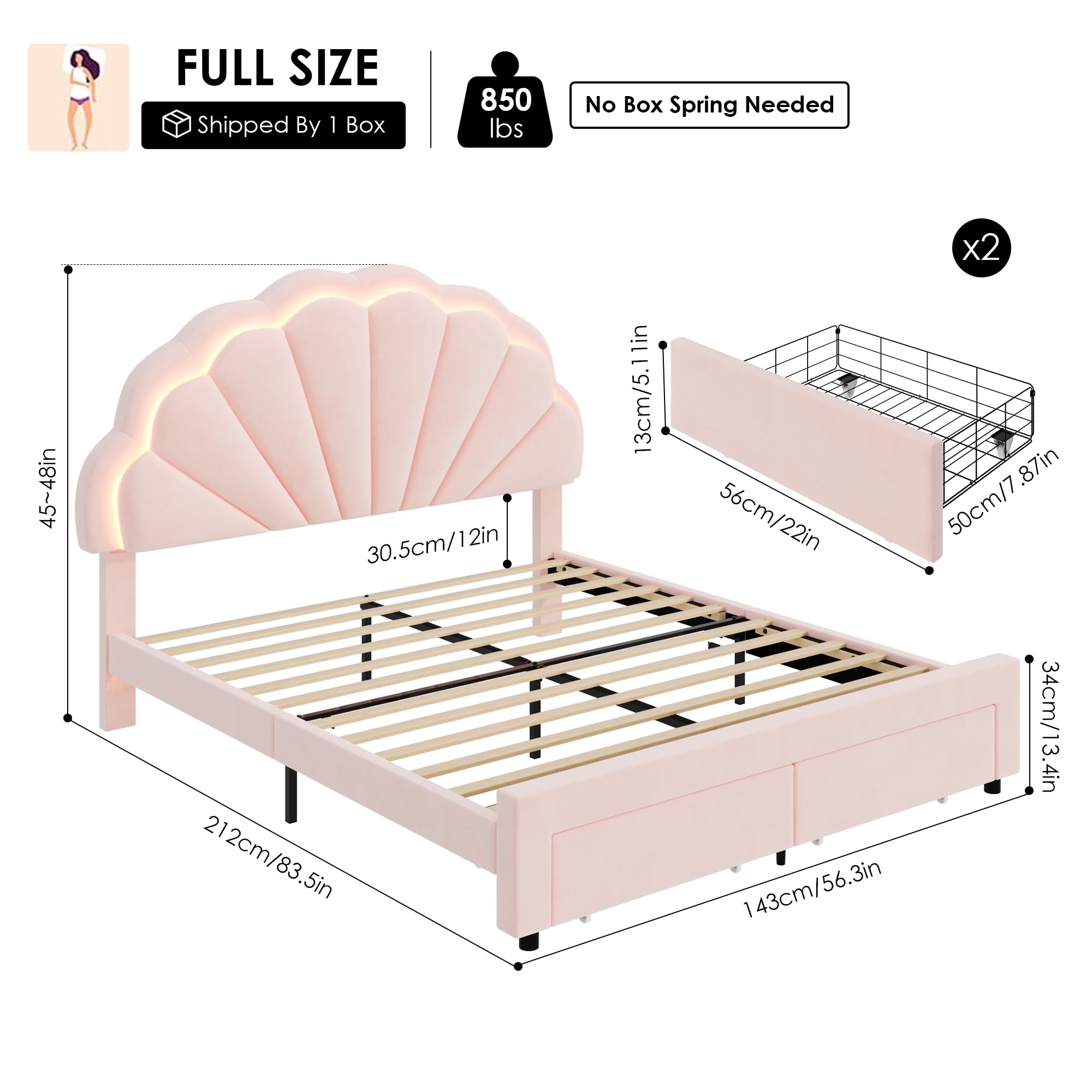 HIFIT Full Size Upholstered Smart LED Bed Frame with 2 Storage Drawers and Adjustable Chic Double Petal Headboard, Princess Platform Bed for Girls, Solid Wood Slats Support/No Box Spring Needed, Pink