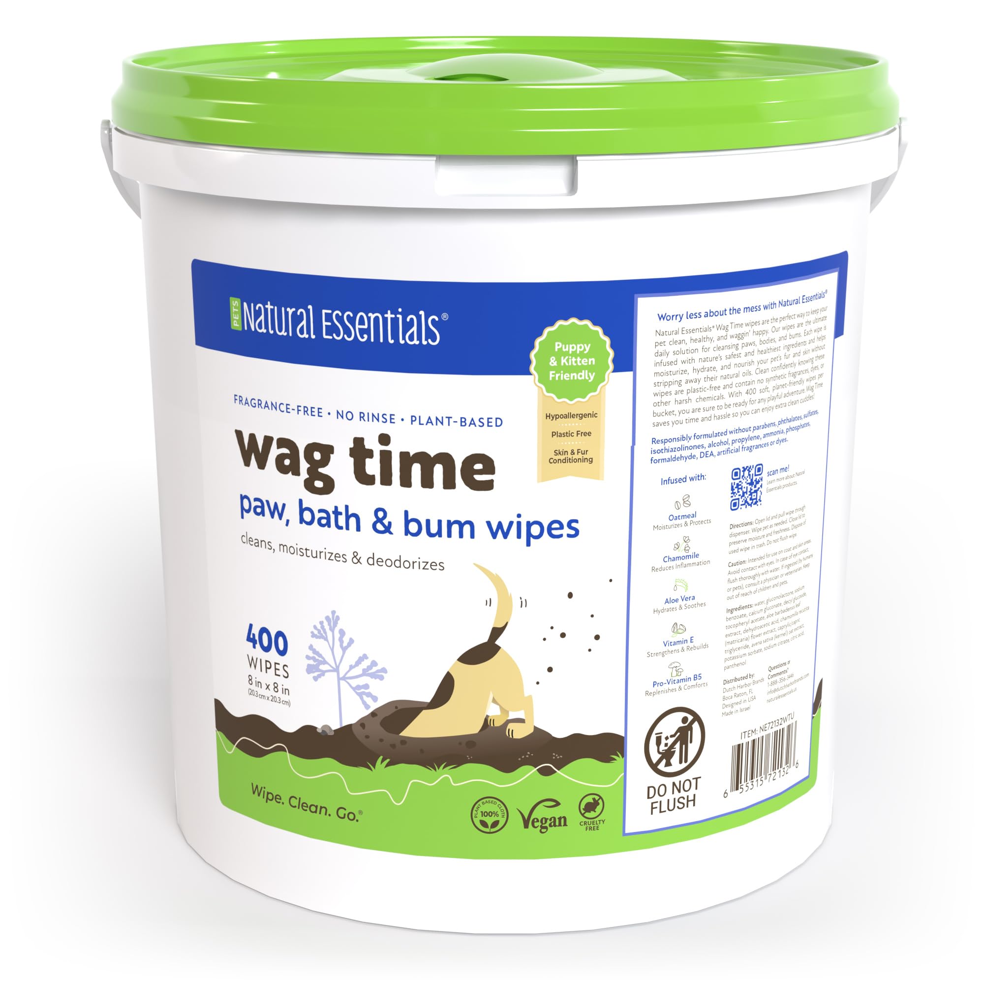 Natural Essentials Wag-Time Pet Wipes - 400 ct Dog Wipes for Paws and Butt, Plastic-Free Plant-Based Cleaning, Unscented with Chamomile, B5, Oatmeal with Aloe Vera and Vitamin E, (Pack of 1)