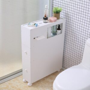 ILWorkTLs Toilet Slim Bathroom Storage Cabinet, Narrow Cabinet with Drawer and Wheel,2 Drawers Toilet Slim Floor Cabinet for Bathroom,White