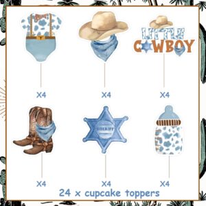 JOYMEMO 24 Pcs Little Cowboy Baby Shower Cupcake Toppers - Blue Brown Western Cowboy Baby Shower Decorations, Double Sided Wild West Baby Shower Cake Decor for Pregnancy Celebration Newborn Party