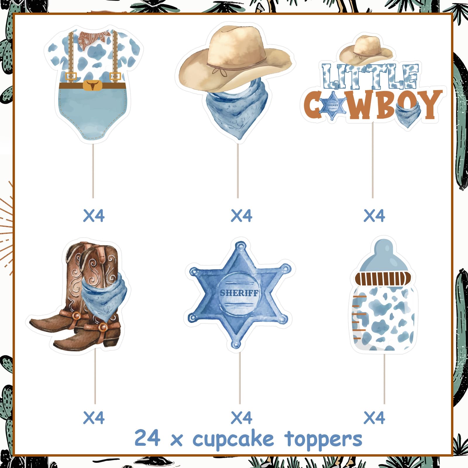 JOYMEMO 24 Pcs Little Cowboy Baby Shower Cupcake Toppers - Blue Brown Western Cowboy Baby Shower Decorations, Double Sided Wild West Baby Shower Cake Decor for Pregnancy Celebration Newborn Party