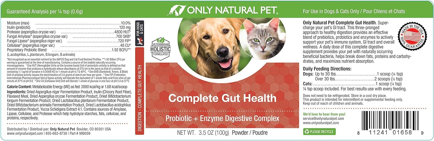 Only Natural Pet Complete Gut Health Complex - Probiotics & Digestive Enzyme Supplement for Dogs & Cats - Promotes Healthy Digestion, Immune System, Nutrient Absorption -3.5oz Powder (Pack of 2)