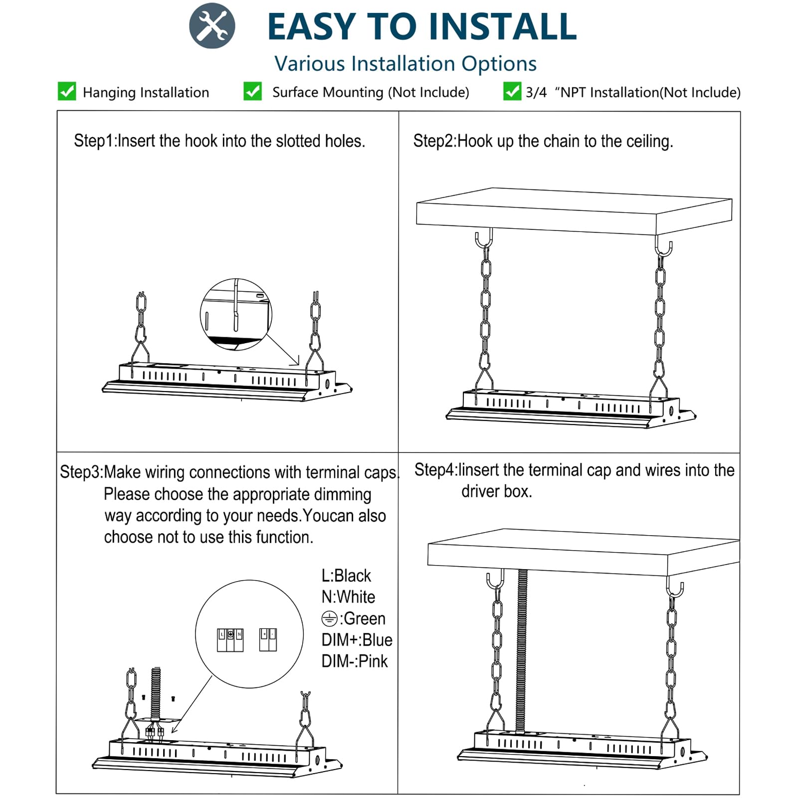 160W LED Linear High Bay Light Fixture, 1-10V Dimmimg LED Linear Highbay Shop Lights, 5000K Daylight 22400LM(140LM/W) 100-277V for Garage, Factory, Workshop,Warehouse