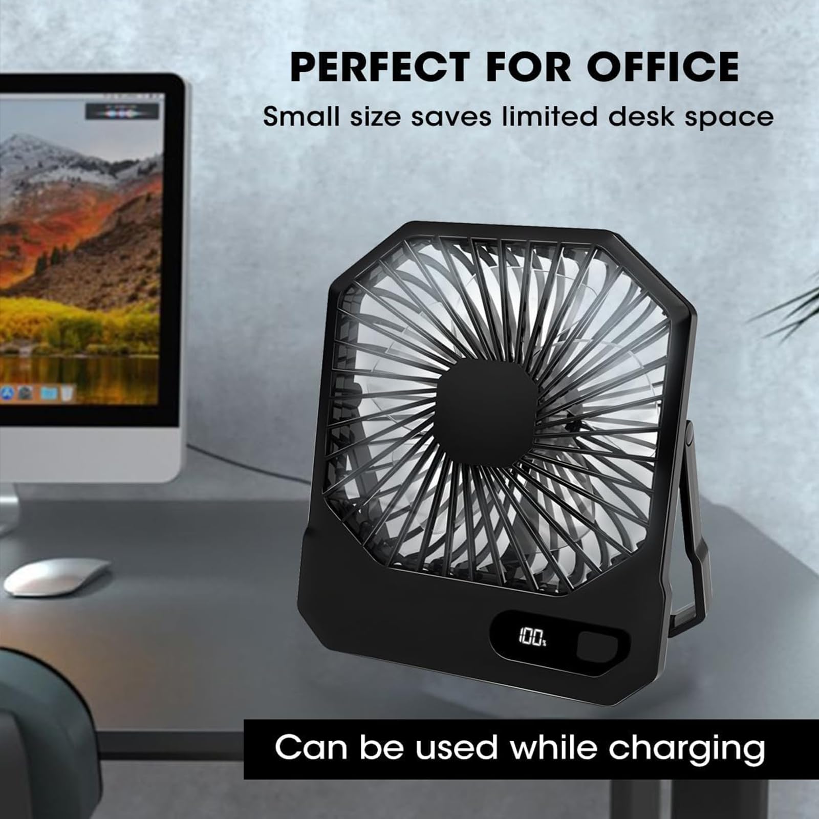 MYMULIKE Battery Operated Small Desk Fan,Portable 3 Speed USB Rechargeable Fan With LED Display， 3000mAh 180° Tilt Folding Personal Fan for Bedroom Home Office Outdoor Trip