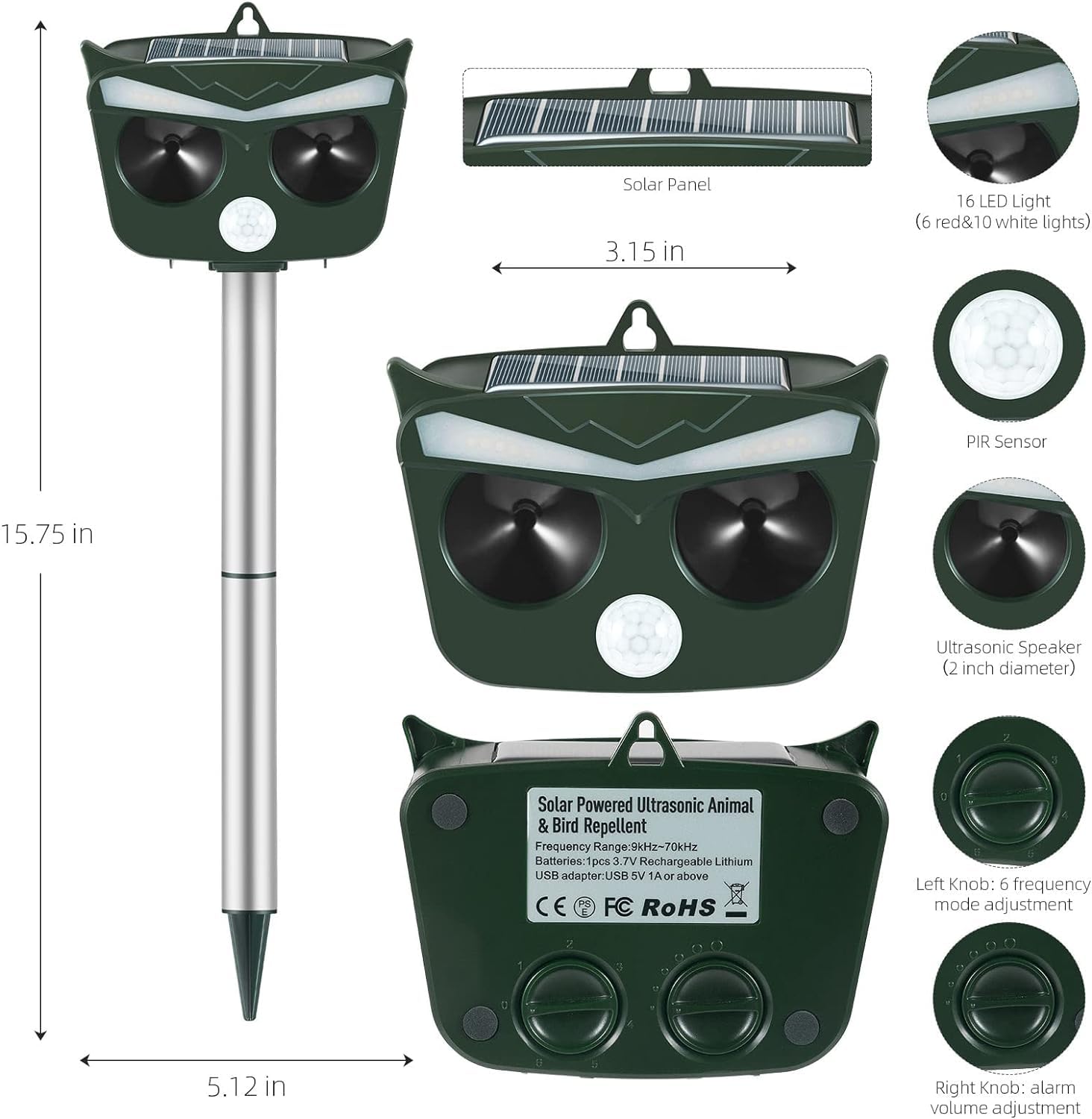 Jahy2Tech Ultrasonic Solar Animal Repeller Outdoor Animal Repellent with Motion Sensor,6 Frequency Setting,Loud Deterrence Sound,16 Flashing Lights,Deer Cat Dog Raccoon Squirrel Deterrent Device