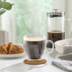 JoyJolt Fluted Glass Coffee Mugs, Double Wall Coffee Mugs. 13.5oz Clear Coffee Mug Set of 2. Latte Glasses, Glass Cappuccino Mugs, Clear Glass Coffee Mug. Ribbed Mugs