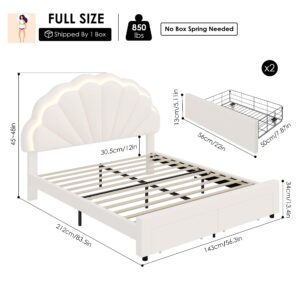 HIFIT Full Size Upholstered Smart LED Bed Frame with 2 Storage Drawers and Adjustable Chic Double Petal Headboard, Princess Platform Bed for Girls, Solid Wood Slats Support/No Box Spring Needed, Beige