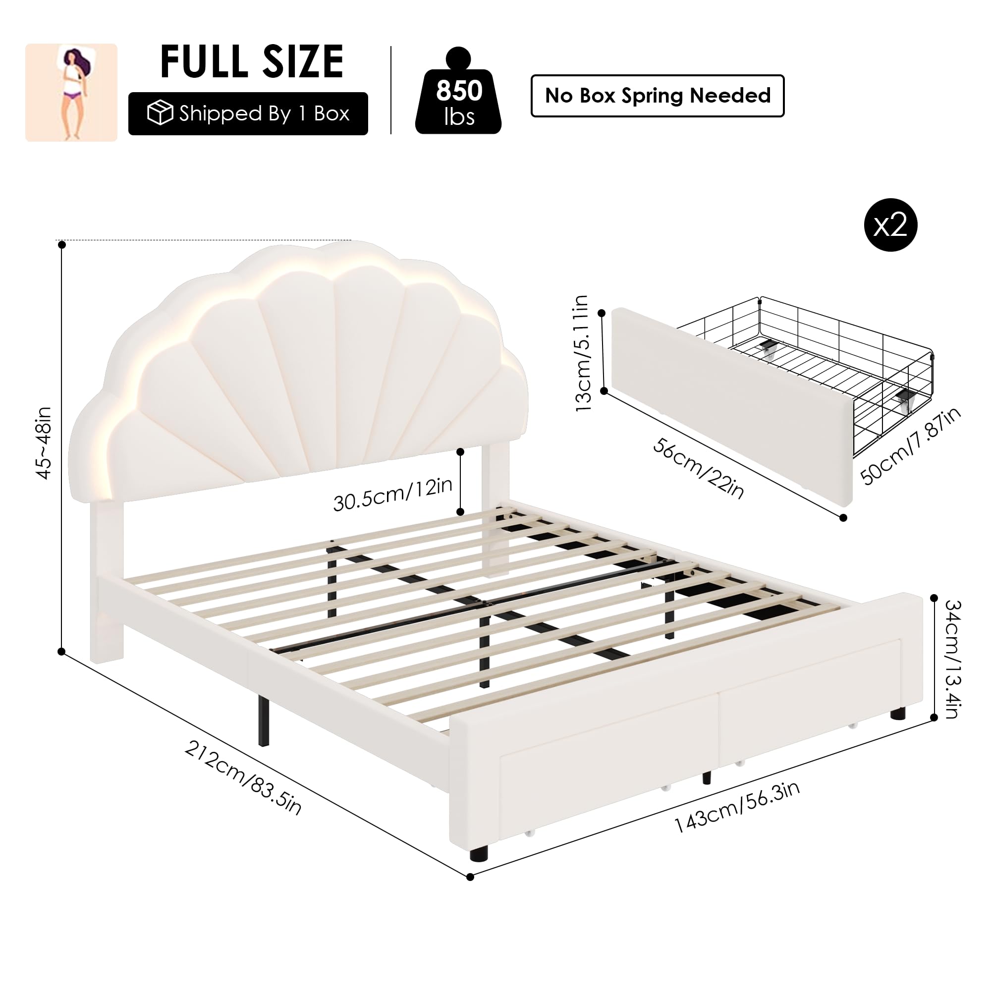 HIFIT Full Size Upholstered Smart LED Bed Frame with 2 Storage Drawers and Adjustable Chic Double Petal Headboard, Princess Platform Bed for Girls, Solid Wood Slats Support/No Box Spring Needed, Beige