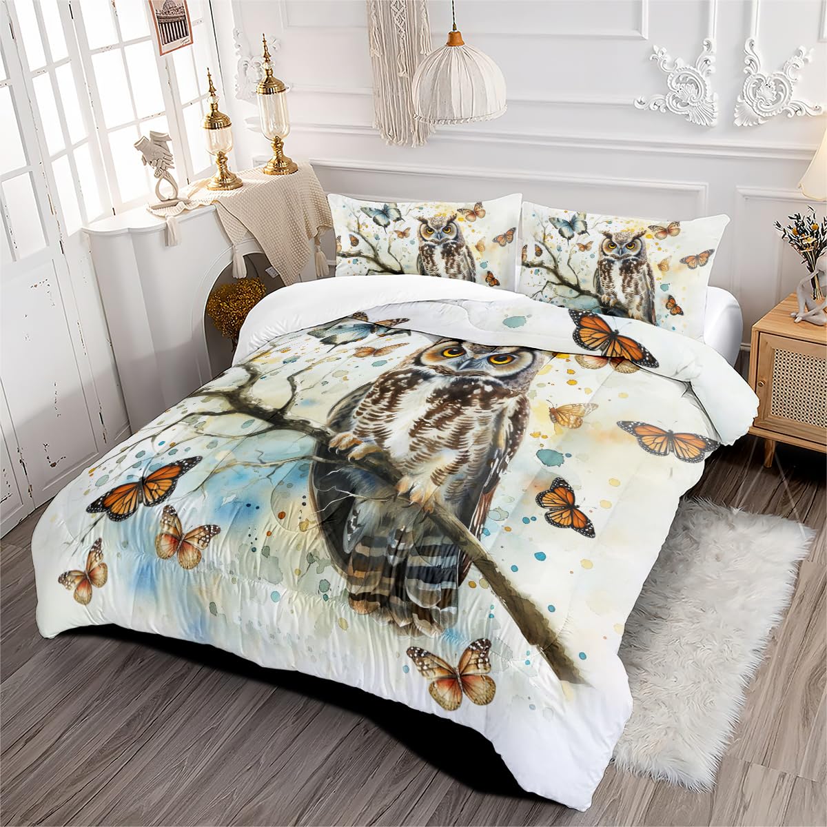 CCoutueChen Owl Bedding Set Queen Size for Girls Boys Kids 3D Animal Printed Comforter Set White Blue Butterfly Bedding Sets 3 Piece Soft Microfiber Down Alternative Comforter Sets with 2 Pillowcases