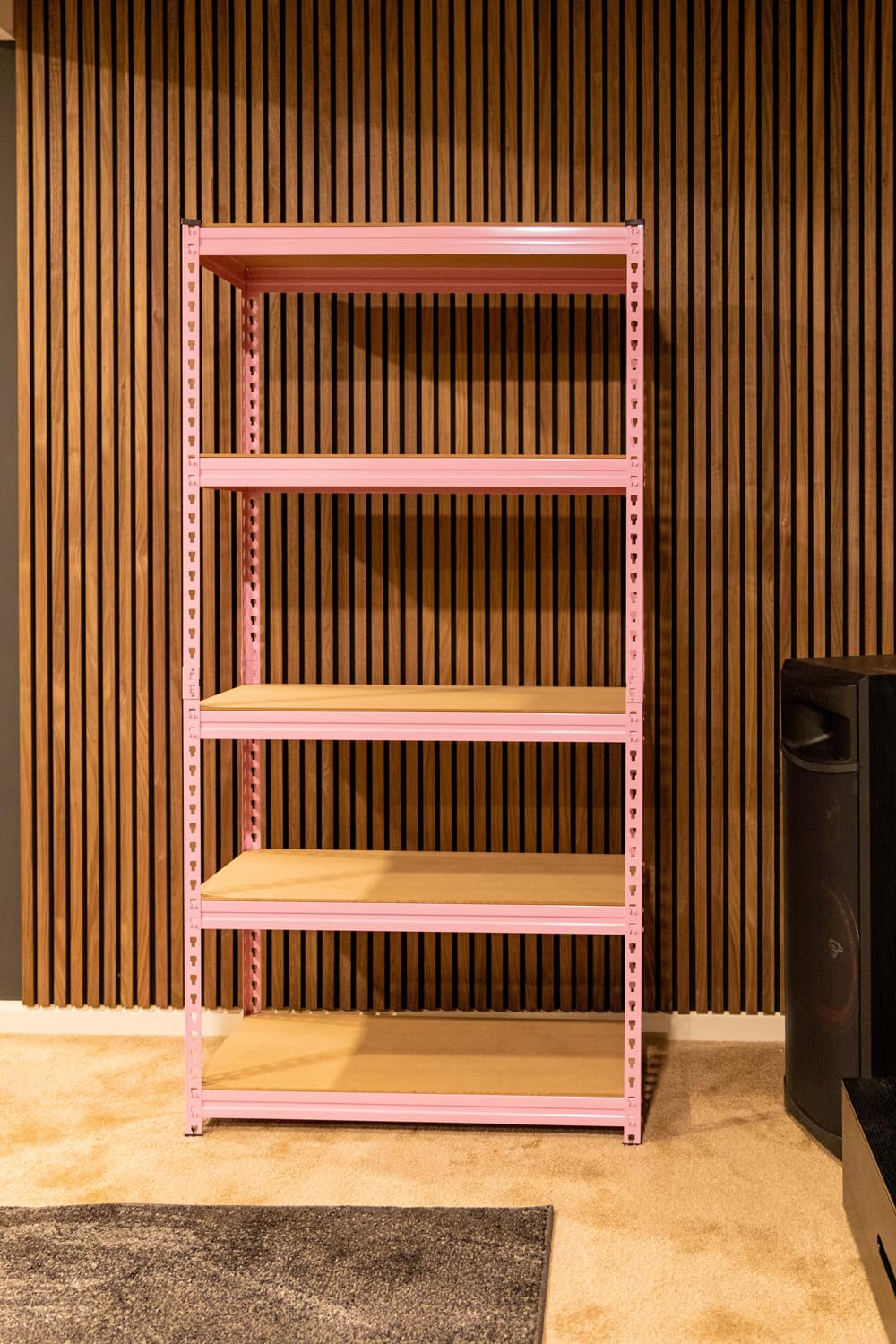 5 Tier Adjustable Steel Powder Coated Rack Storage Shelving with Engineered Wood Shelves. for Indoor Storage in garages, basements, Kitchens, etc. Large Size. 16" D x 35.5" W x 71.2" H (Pink)