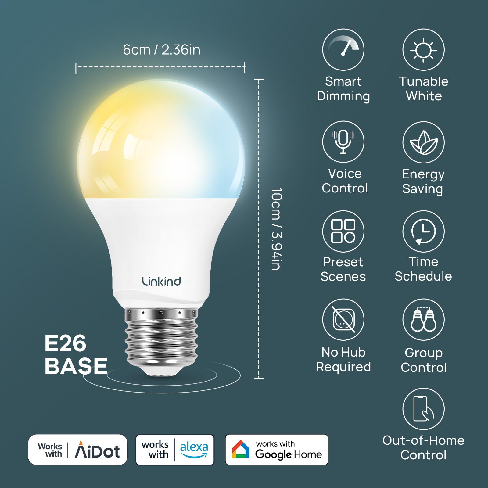 Linkind Smart Light Bulbs, Soft White to Daylight Tunable (2700K-6500K), Alexa Light Bulbs, Work with Alexa & Google Home, CRI>90, 2.4GHz Wi-Fi & Bluetooth LED, A19 E26, 800LM, 60W Equivalent (4-Pack)