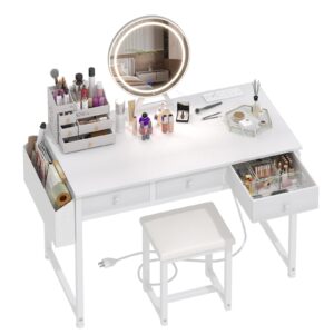 lufeiya white makeup vanity desk with mirror and lights, 40 inch make up vanity desks with fabric drawers & power outlet, dressing table and chair set for girls bedroom, white