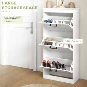 HOMCOM Shoe Cabinet for Entryway, Narrow Shoe Rack Storage Organizer with 3 Flip Drawers and Adjustable Shelves for 15 Pairs of Shoes, White