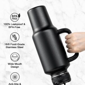 Trebo 40 oz Water Bottle Insulated Fit Car Cup Holder with Handle, Stainless Steel Water Bottles Tumbler with Spout Straw Lids, Double Wall Travel Reusable Flask, Leakproof Mug,Keep Cold &Hot,Black