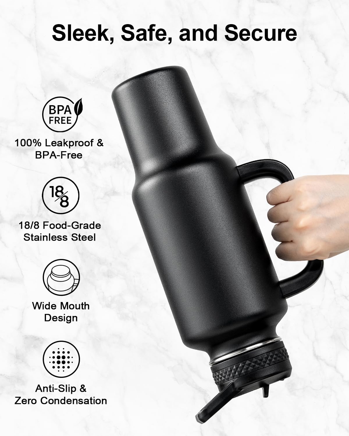 Trebo 40 oz Water Bottle Insulated Fit Car Cup Holder with Handle, Stainless Steel Water Bottles Tumbler with Spout Straw Lids, Double Wall Travel Reusable Flask, Leakproof Mug,Keep Cold &Hot,Black