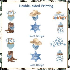 JOYMEMO 24 Pcs Little Cowboy Baby Shower Cupcake Toppers - Blue Brown Western Cowboy Baby Shower Decorations, Double Sided Wild West Baby Shower Cake Decor for Pregnancy Celebration Newborn Party