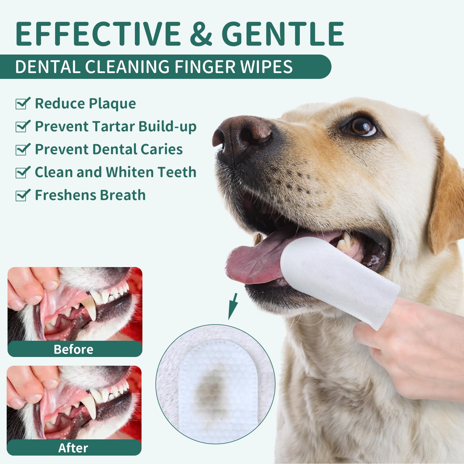 Teeth Cleaning Wipes for Dogs & Cats, Dog Tooth Brushing Kit Dog Dental Wipes, Reduces Tartar & Plaque Fresh Breath Dog Teeth Cleaning Finger Toothbrush, Disposable Gentle Dog Teeth Wipes, 120 Counts