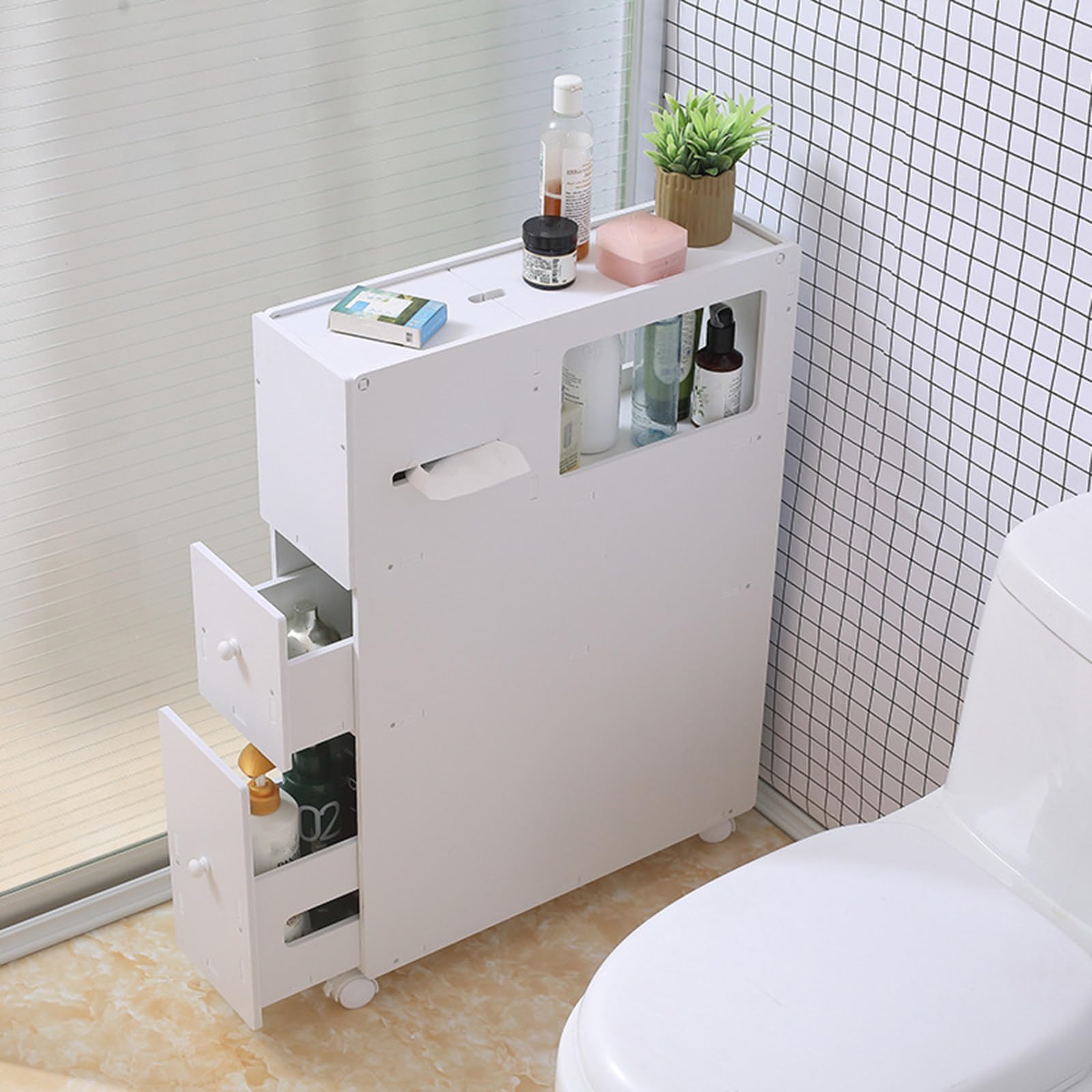 ILWorkTLs Toilet Slim Bathroom Storage Cabinet, Narrow Cabinet with Drawer and Wheel,2 Drawers Toilet Slim Floor Cabinet for Bathroom,White