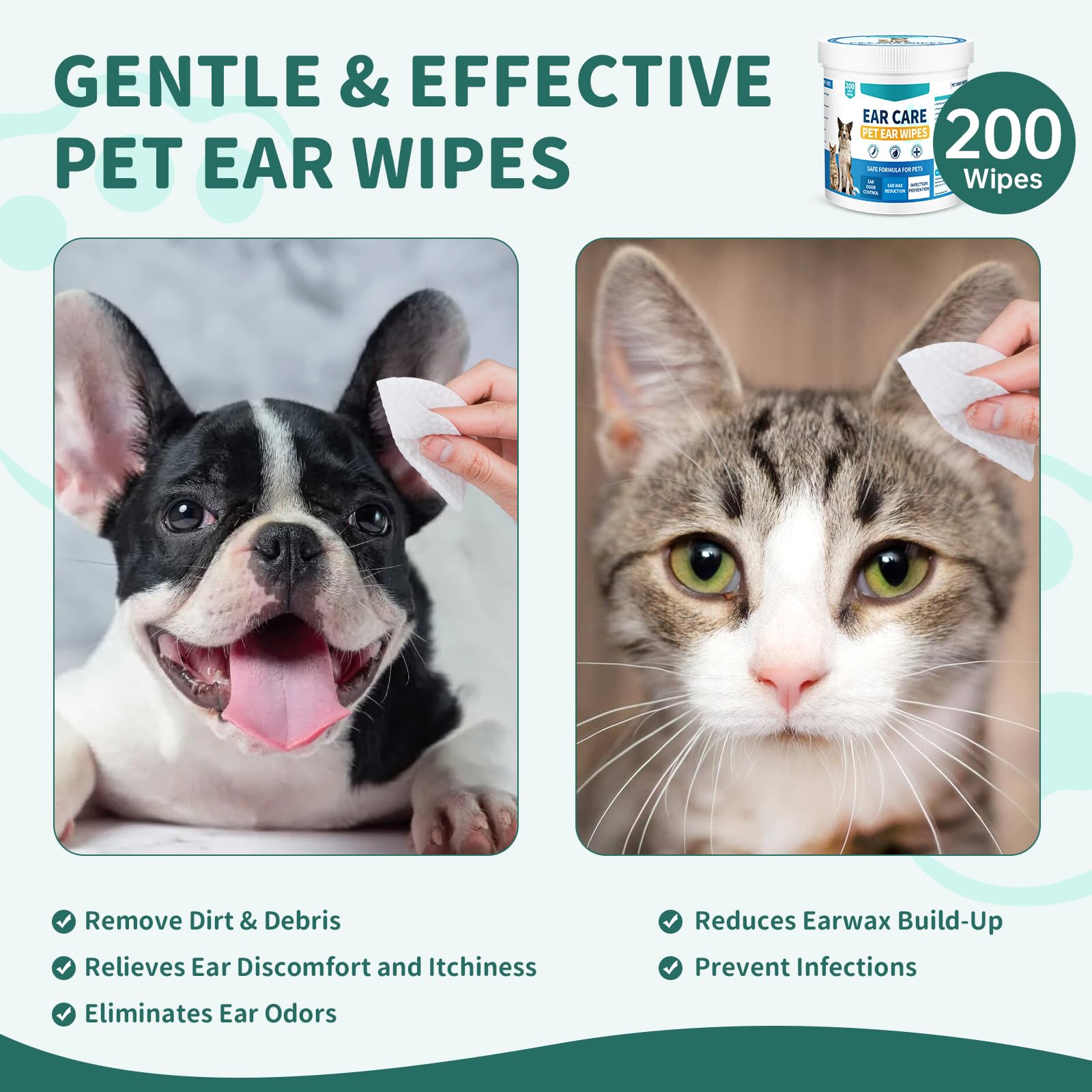 Pet Ear Wipes for Dogs Cats, 200Pcs Pet Ear Cleaner Wipes for Dogs Cats Gently Remove Ear Wax, Dirt Debris - Cleanse, Soothe & Deodorize -Dog Cat Ear Cleaning Wipes Relieve Ear Itching & Inflammation