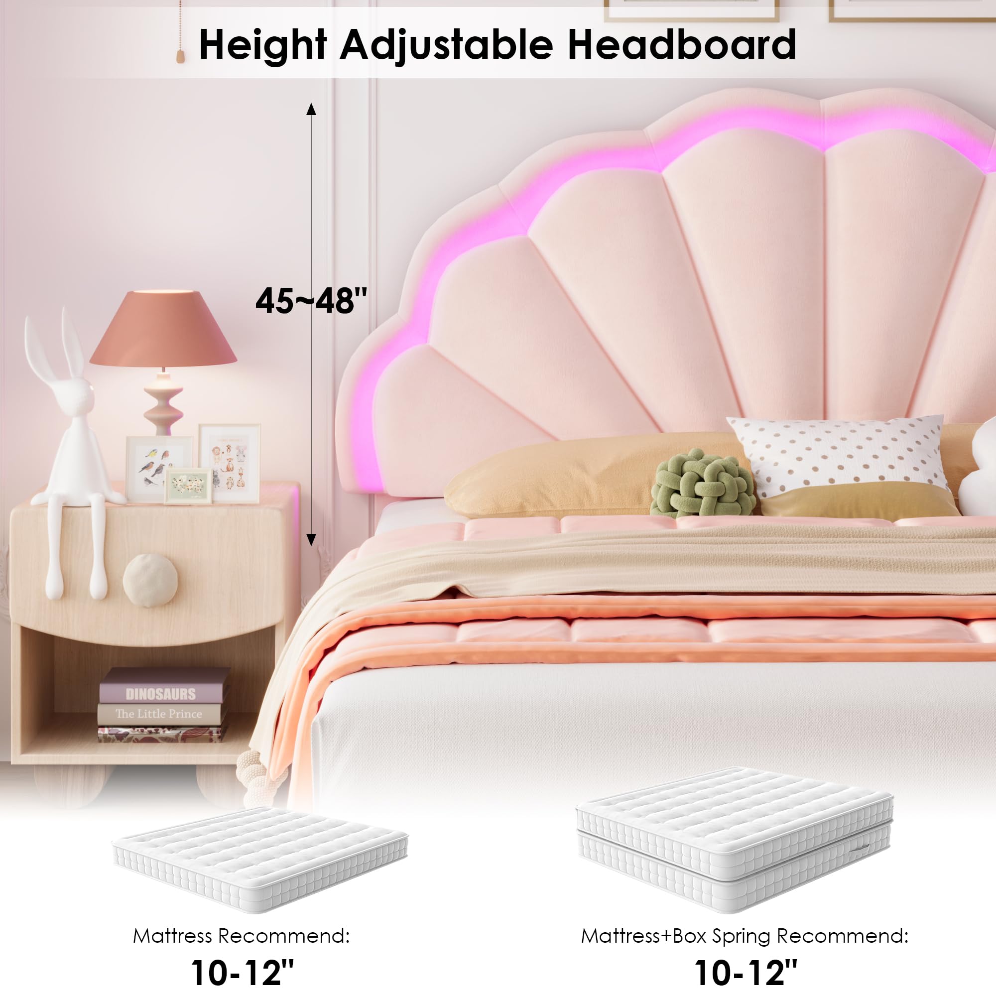 HIFIT Full Size Upholstered Smart LED Bed Frame with 2 Storage Drawers and Adjustable Chic Double Petal Headboard, Princess Platform Bed for Girls, Solid Wood Slats Support/No Box Spring Needed, Pink