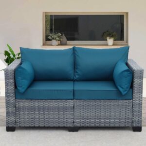 Lviden Outdoor Patio Loveseat Sofa, 2-Seater Small Couch, All Weather Wicker Love Seat Furniture with Peacock Blue Cushions, for Backyard, Garden, Porch, Deck, Balcony