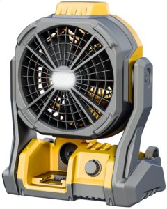 deforce battery operated fan, for dewalt 20v max battery, camping fan cordless, option for corded, with led lights, variable speed, hook for hanging, for jobsite(battery not included)