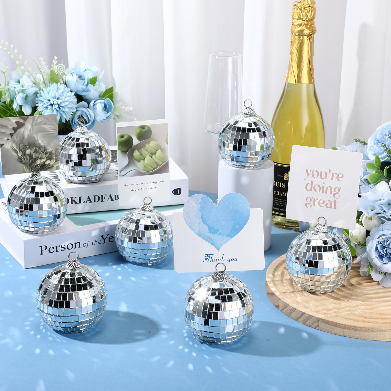 Engrowtic 10 Pcs Disco Ball Place Card Holders 4 Inch Large Silver Table Number Holder for Photo Name Card Stands Disco Centerpiece Decor for Holiday Wedding Party Birthday Table Display Menu Picture