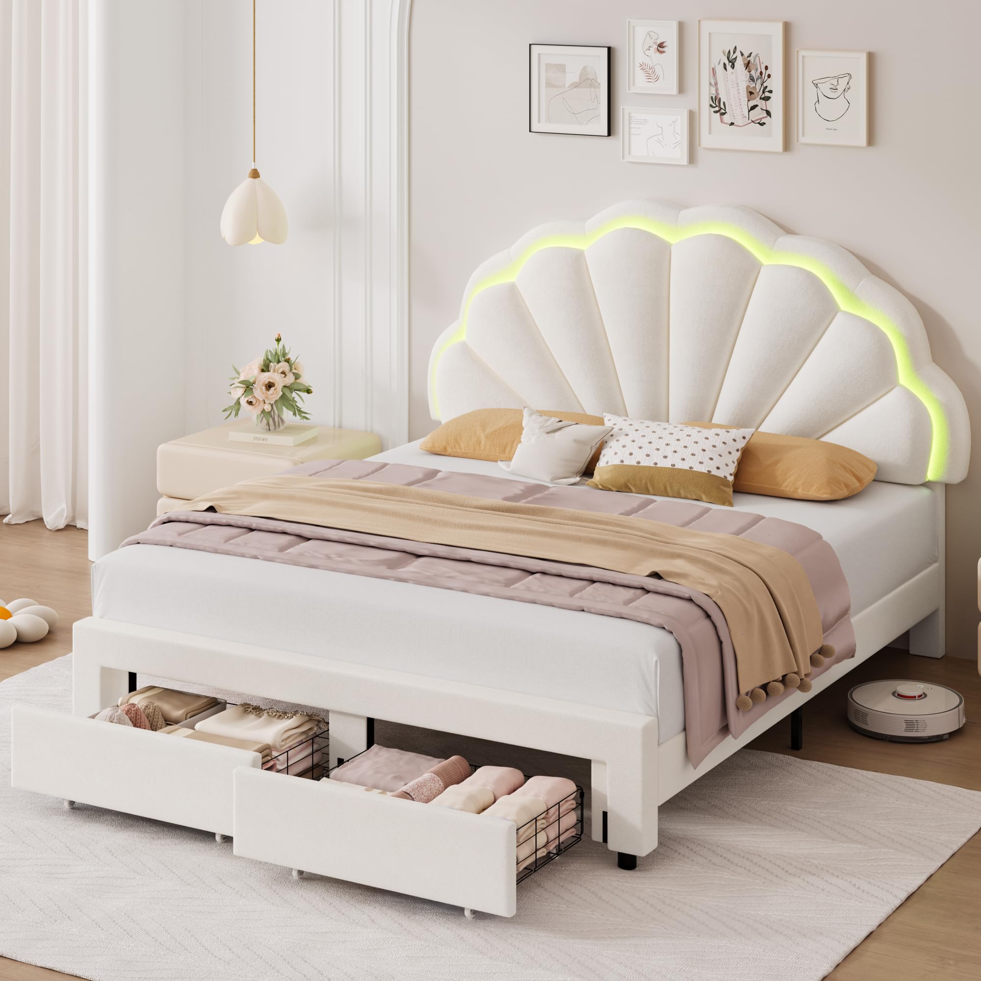 HIFIT Full Size Upholstered Smart LED Bed Frame with 2 Storage Drawers and Adjustable Chic Double Petal Headboard, Princess Platform Bed for Girls, Solid Wood Slats Support/No Box Spring Needed, Beige