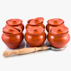 set of 6 natural clay stoneware baking pots with oven fork (0.5-qt each) stoneware ramekins with lids & 1 oven fork - 16.9 fl oz (500 ml) - clay pots for cooking, dutch oven pot with lid