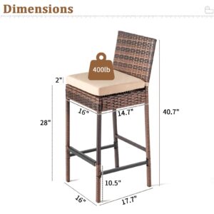 VINGLI Outdoor Bar Stools Set of 2 with Cushions Wicker Bar Stools, Bar Height Patio Chairs Outdoor Rattan Stool for Garden Pool Lawn Backyard