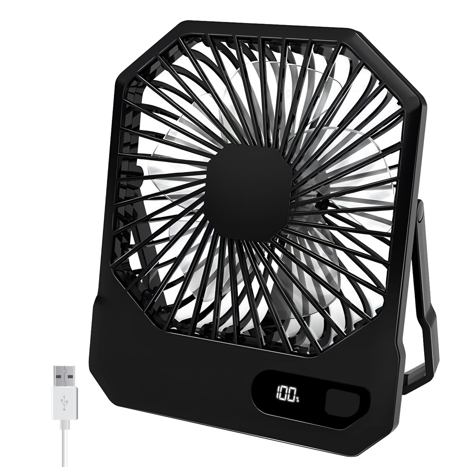 MYMULIKE Battery Operated Small Desk Fan,Portable 3 Speed USB Rechargeable Fan With LED Display， 3000mAh 180° Tilt Folding Personal Fan for Bedroom Home Office Outdoor Trip