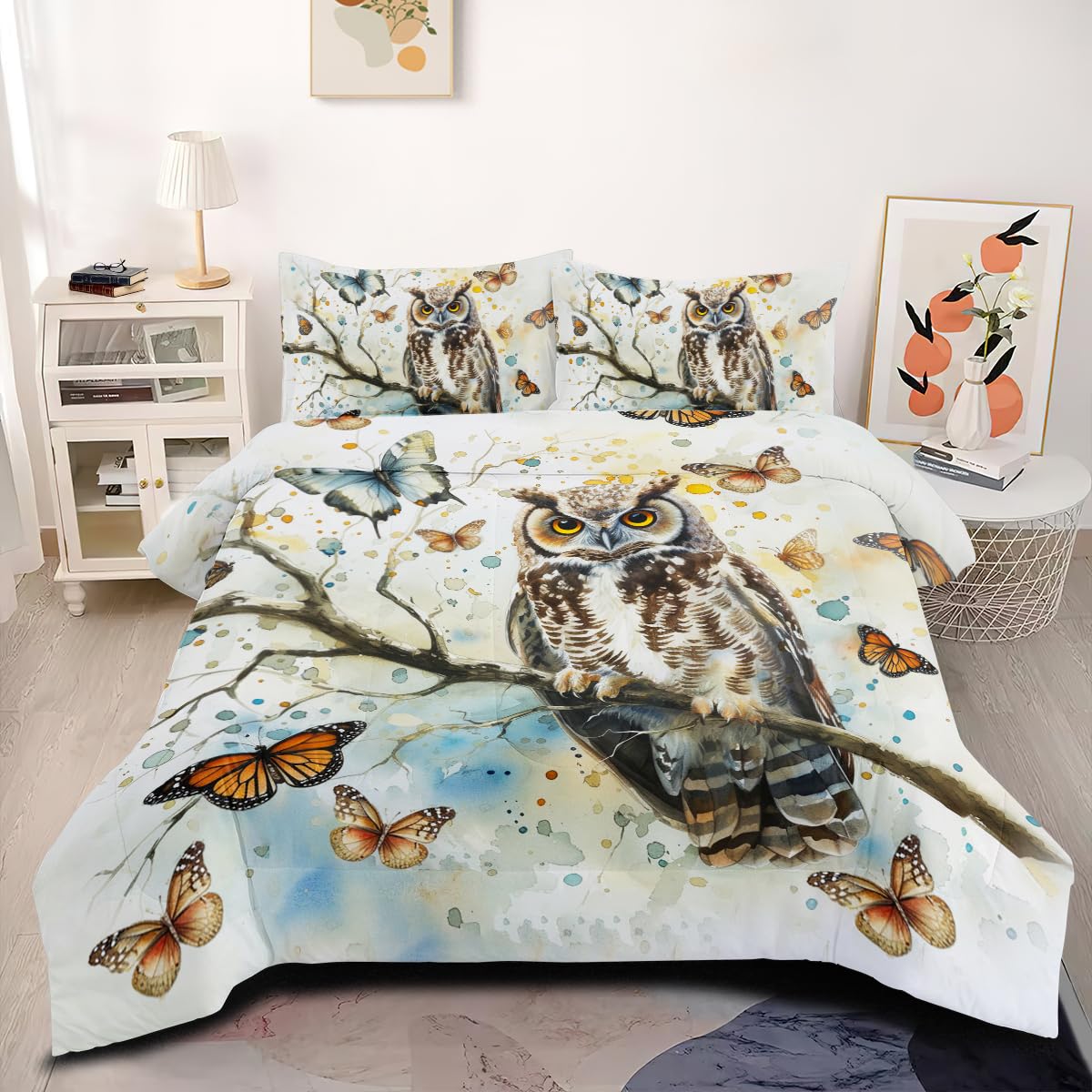 CCoutueChen Owl Bedding Set Queen Size for Girls Boys Kids 3D Animal Printed Comforter Set White Blue Butterfly Bedding Sets 3 Piece Soft Microfiber Down Alternative Comforter Sets with 2 Pillowcases