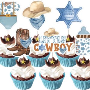 JOYMEMO 24 Pcs Little Cowboy Baby Shower Cupcake Toppers - Blue Brown Western Cowboy Baby Shower Decorations, Double Sided Wild West Baby Shower Cake Decor for Pregnancy Celebration Newborn Party