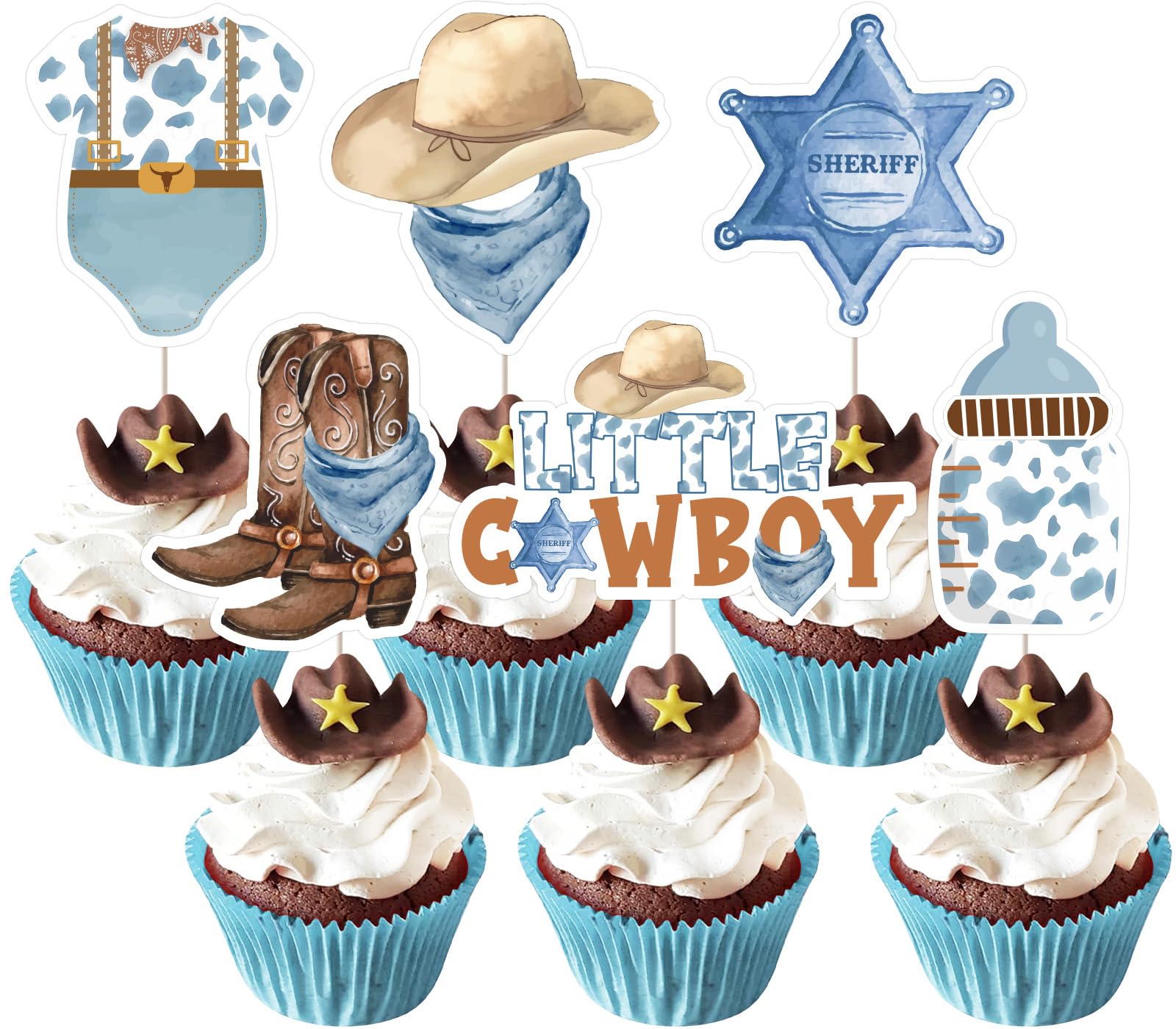 JOYMEMO 24 Pcs Little Cowboy Baby Shower Cupcake Toppers - Blue Brown Western Cowboy Baby Shower Decorations, Double Sided Wild West Baby Shower Cake Decor for Pregnancy Celebration Newborn Party