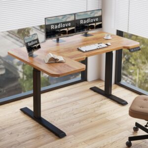 radlove dual motors height adjustable 59'' l shaped electric standing desk with curved design stand up table 4 memory keys, computer desk splice board home office desk,light brown top